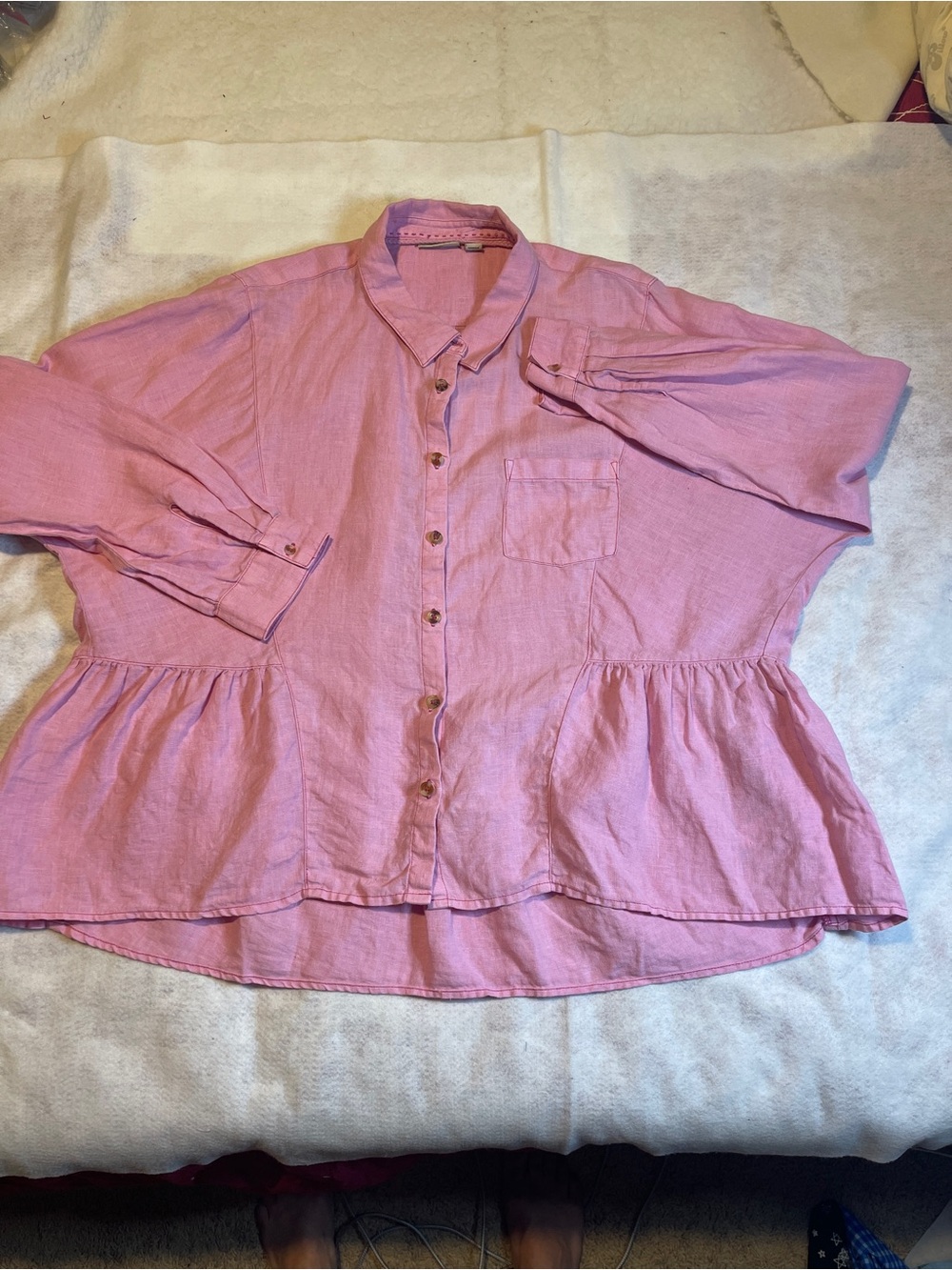 Anthropologie Holding Horses Pink 100% Linen Peplum Button Down Shirt M